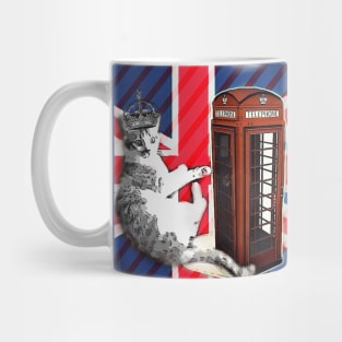 1980s dark academia uk union jack flag london telephone booth funny royal kitty cat Mug